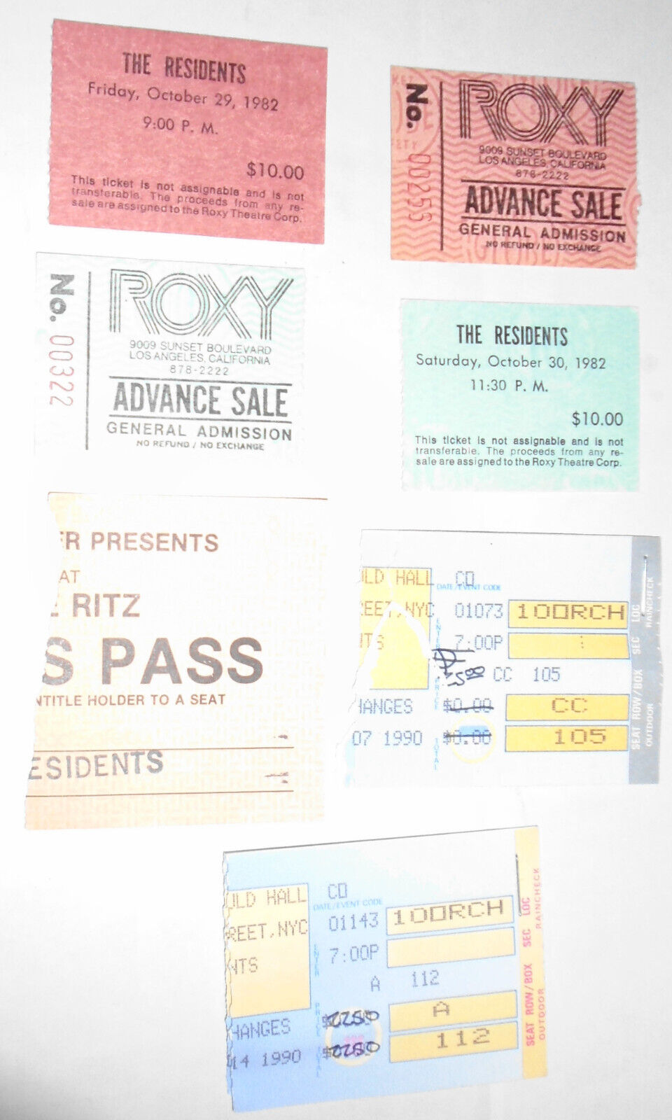 The Residents - 9 concert ticket stubs from the 1980s