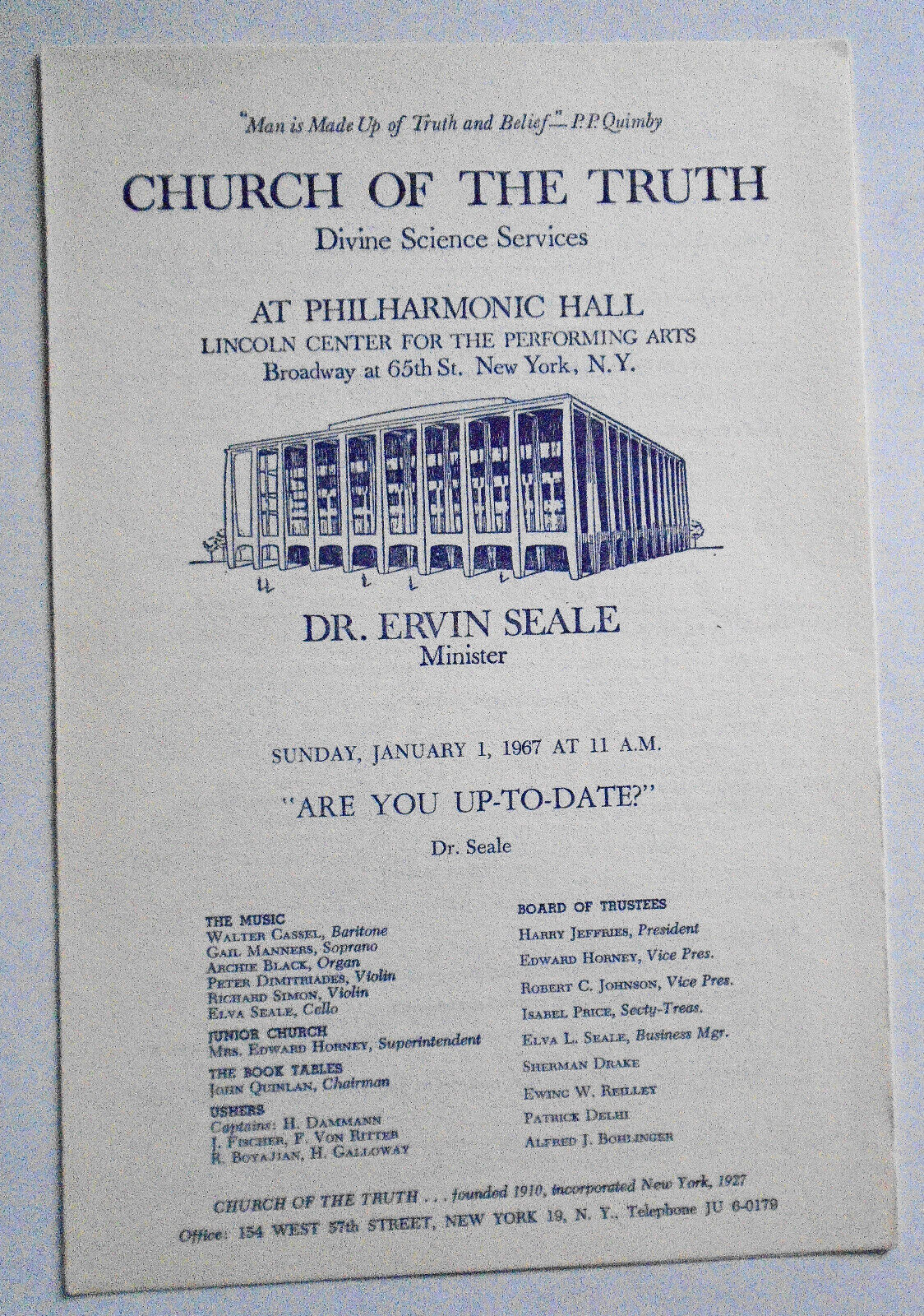 Dr. Ervin Seale - Church Of The Truth -  3 Programs, 1967-68 Lincoln Center, NYC