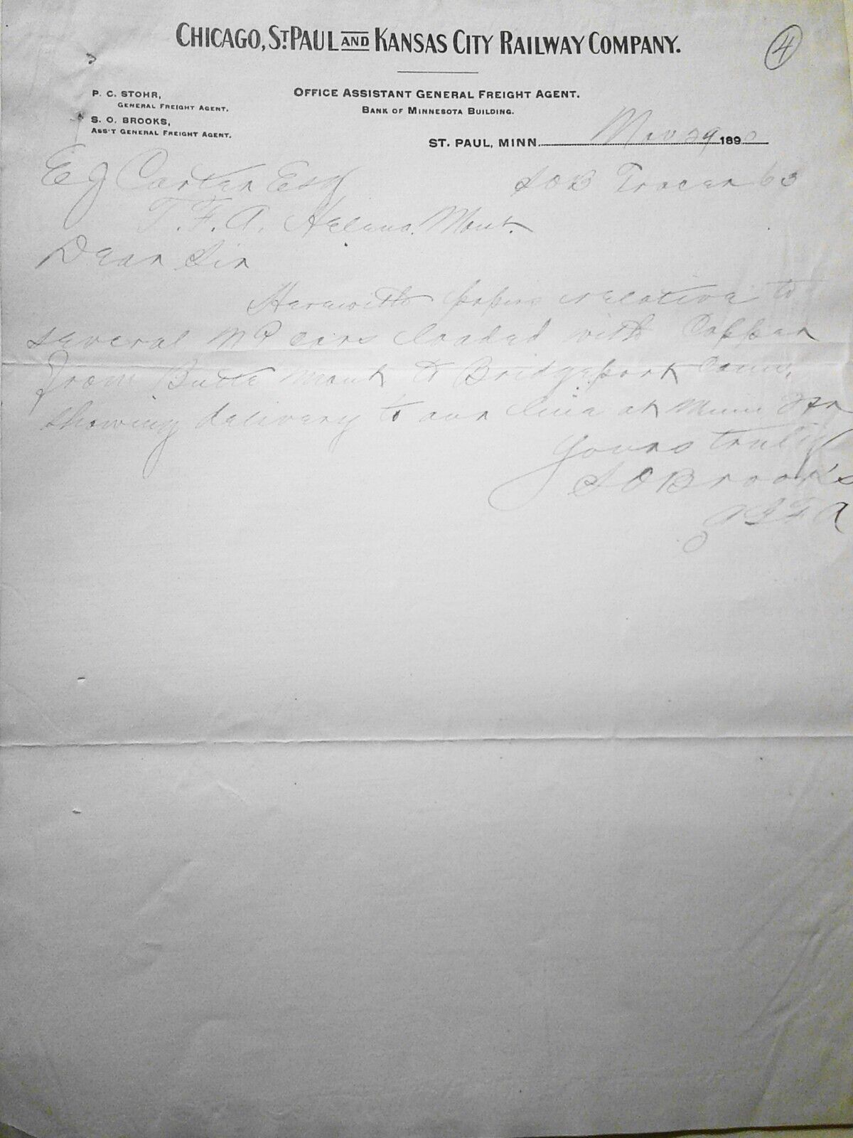 1890 Chicago, St. Paul & Kansas Railway Company note on letterhead