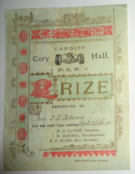 Cardiff Cory Hall, P.S.A. Prize Presentation bookplate, 1908 - to D. T. Adams