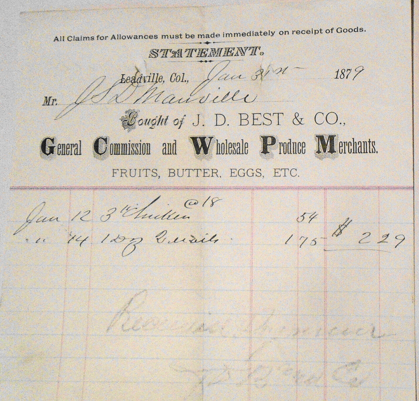 1879 Billhead statement J. D. Best & Co., Produce Merchants,  Leadville Colorado