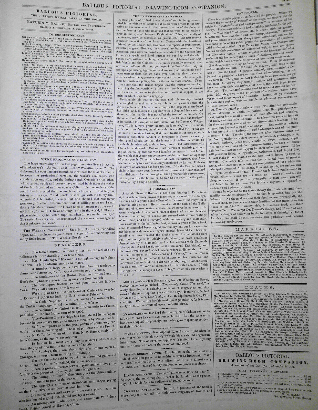 Ballou's Pictorial May 30, 1857.  Japanese Wrestlers; Shakespeare Wrestling, etc
