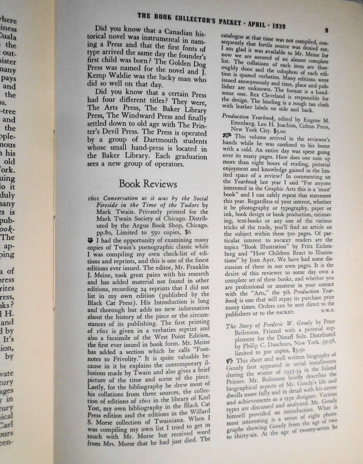Book Collector's Packet, April 1939 - Chapman Whitcomb... peddler of Chapbooks