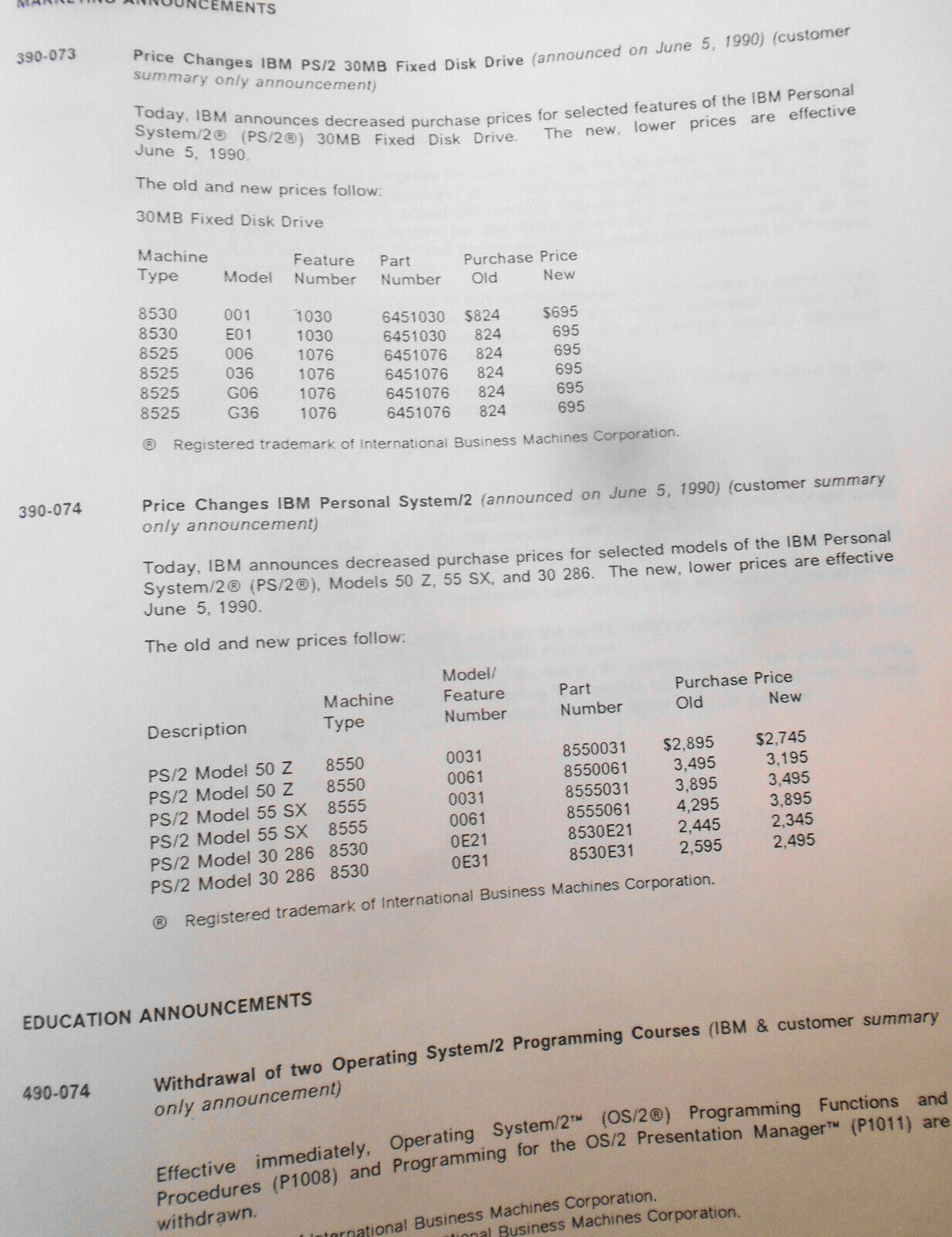 IBM Announcement Letter Summary, June 19, 1990 : System/370; AIX; Token-ring etc