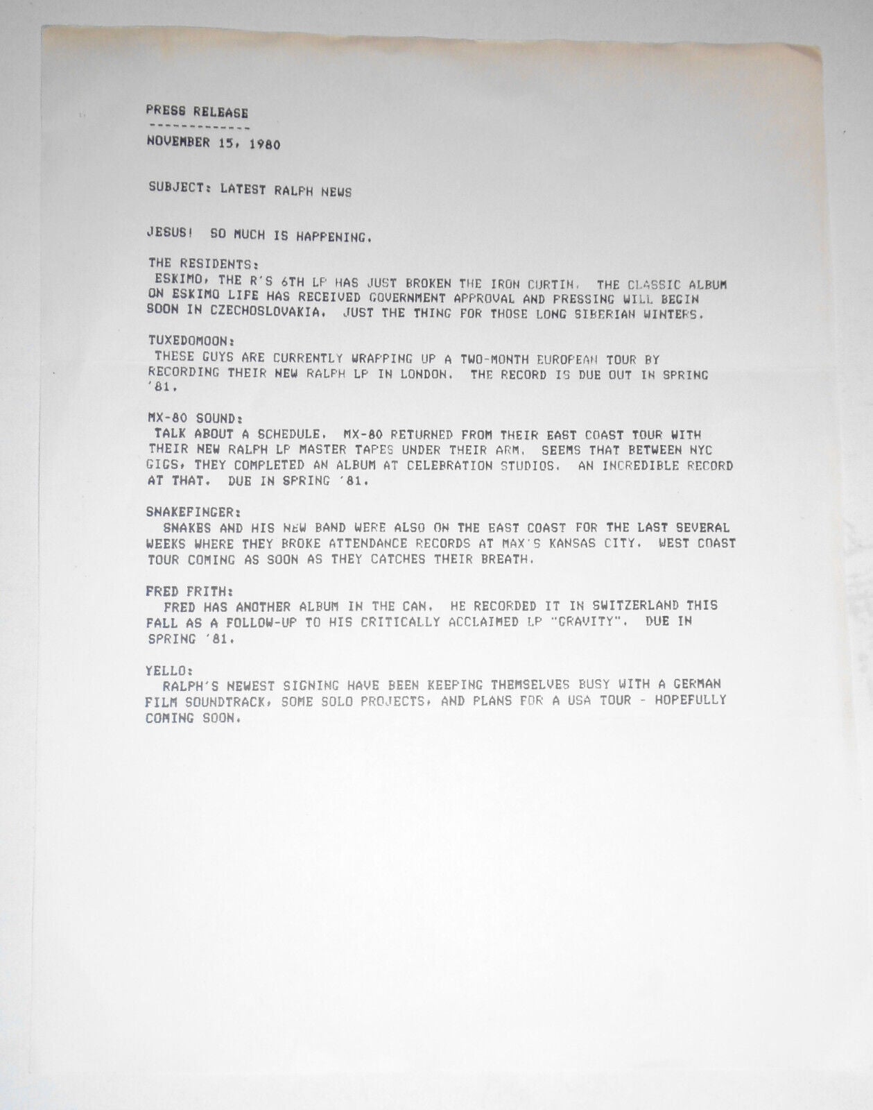 The Residents - 1980 Press release : Latest Ralph News