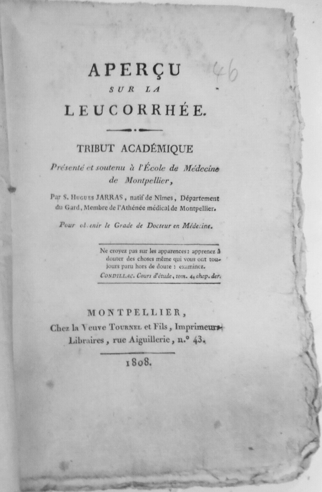 1808 Aperçu sur la leucorrhée: tribut présenté... à Montpellier - H. Jarras