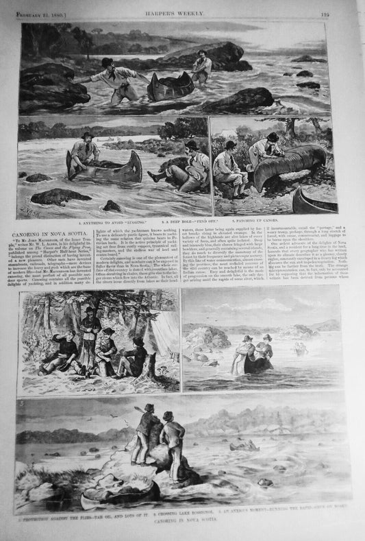 Canoeing in Nova Scotia -  Harper's Weekly  February 21, 1880 - ORIGINAL print