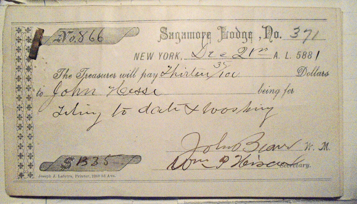 1882 Twenty-four original handwritten receipts - Masonic Sagamore Lodge New York
