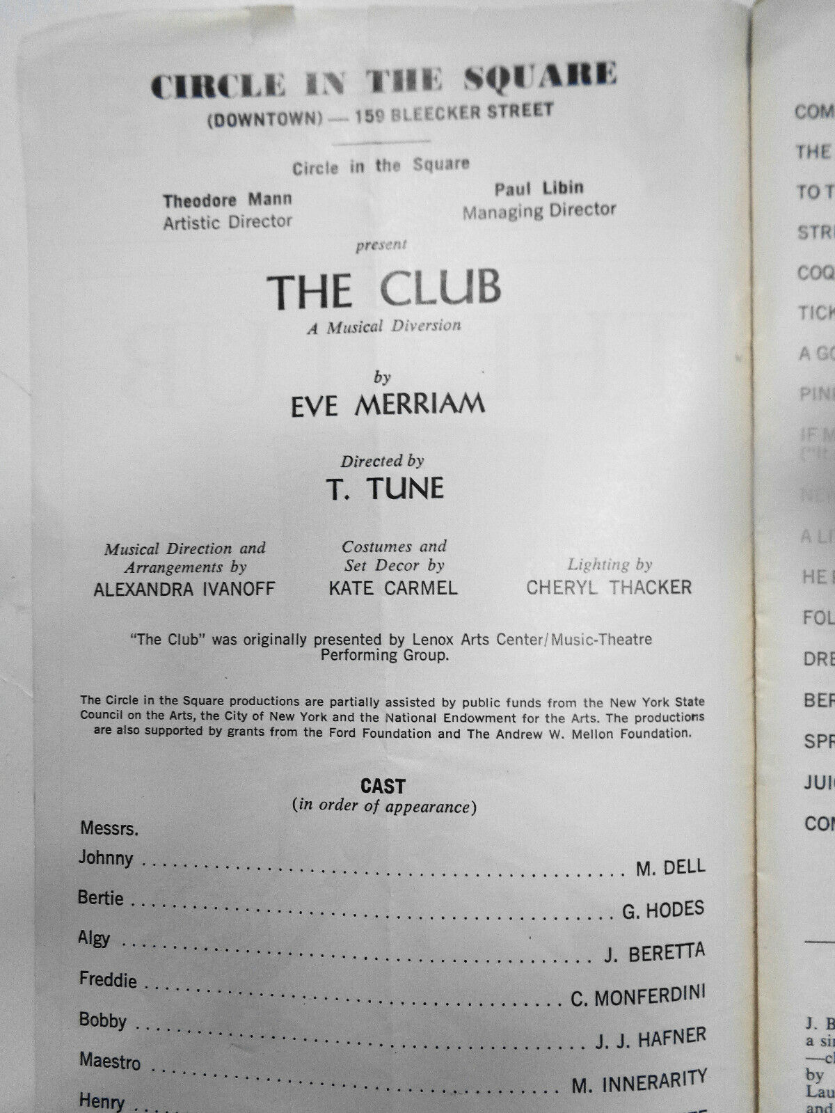 The CLUB - ON STAGE - Program - Eve Merriam; Tommy Tune directed, 1976