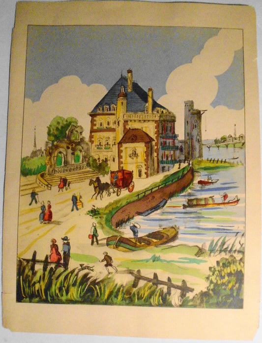 Vintage french watercolor: Castle, coach, boating ... 17 1/2 x 12 inches.