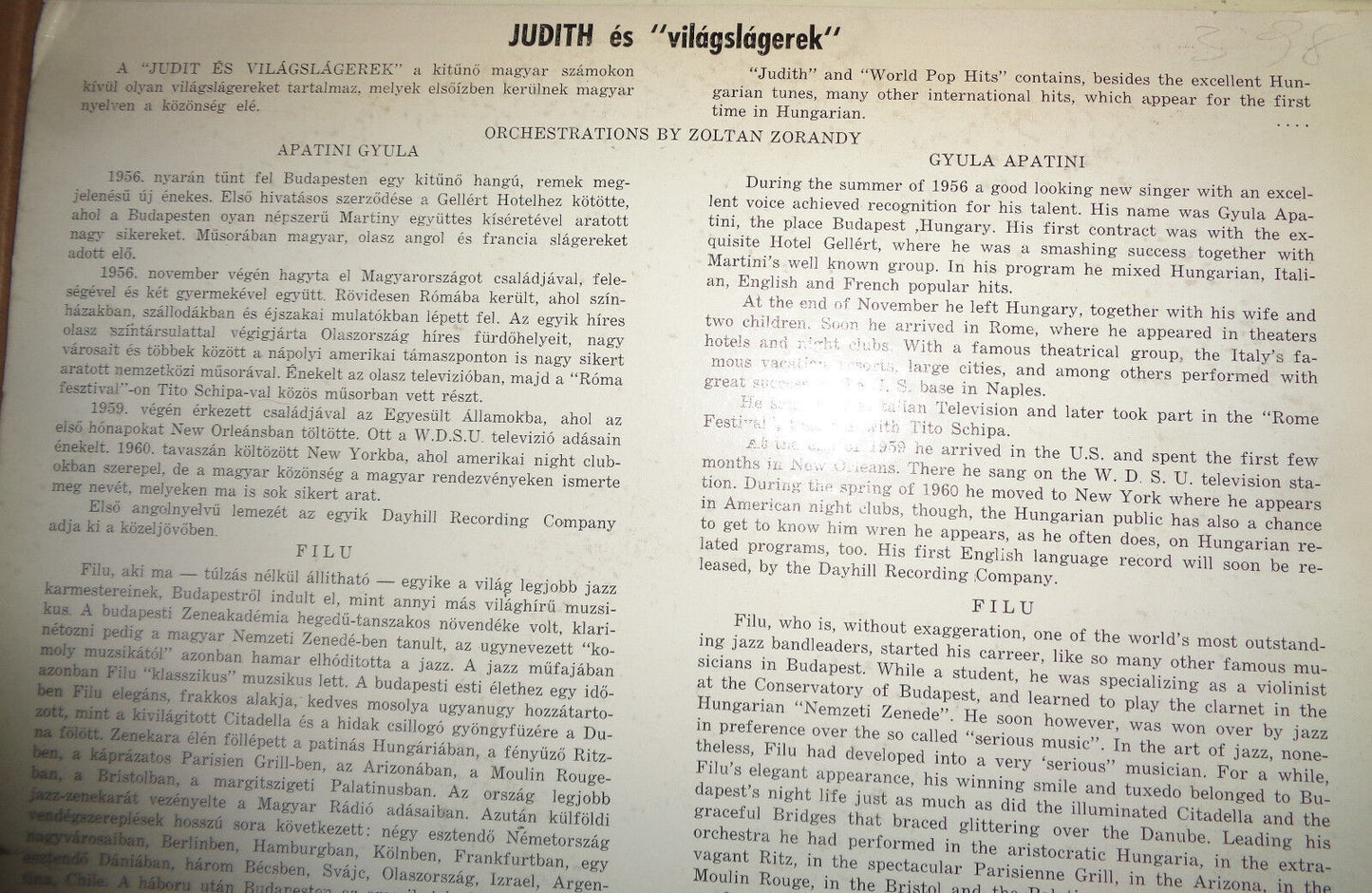 JUDITH ES VILAGSLAGEREK - vinyl LP Gyula Apatini, Filu George Vig, Zolan Zorandy