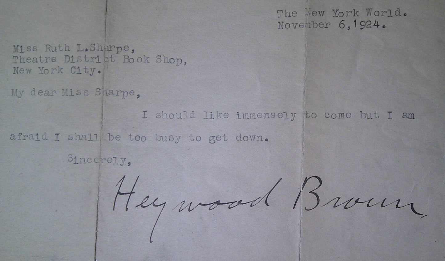 Heywood Broun, journalist SIGNED letter, 1924. Addressed from The New York World