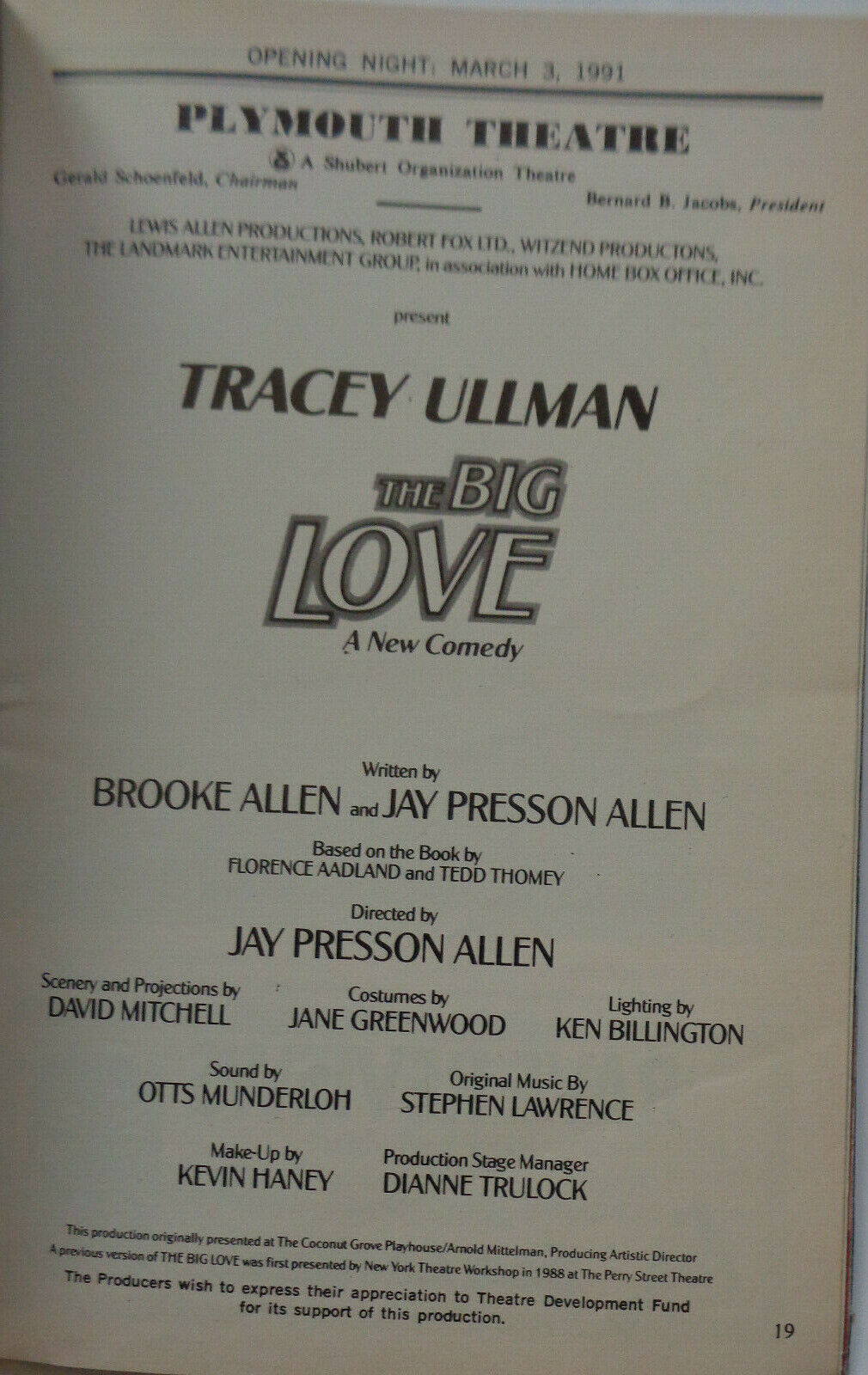 THE BIG LOVE - PLAYBILL - OPENING NIGHT MARCH 3, 1991