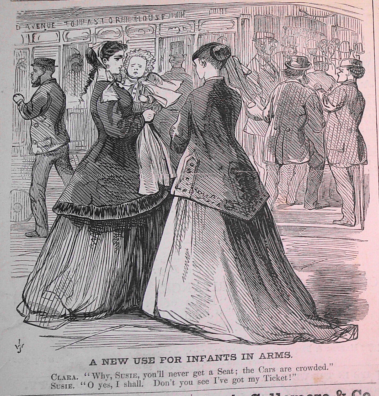 A New Use for Infants in Arms - Harper's Weekly April 11, 1868. Original.