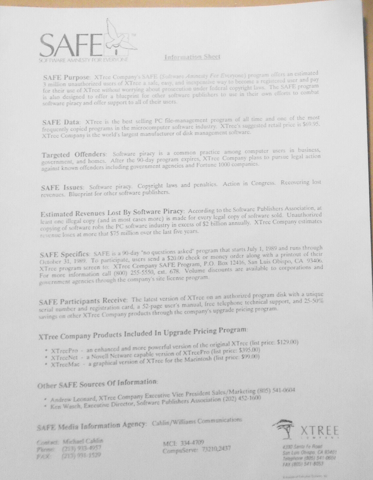 1989 Software Amnesty For Everyone (SAFE). XTree Company program for Bootleggers