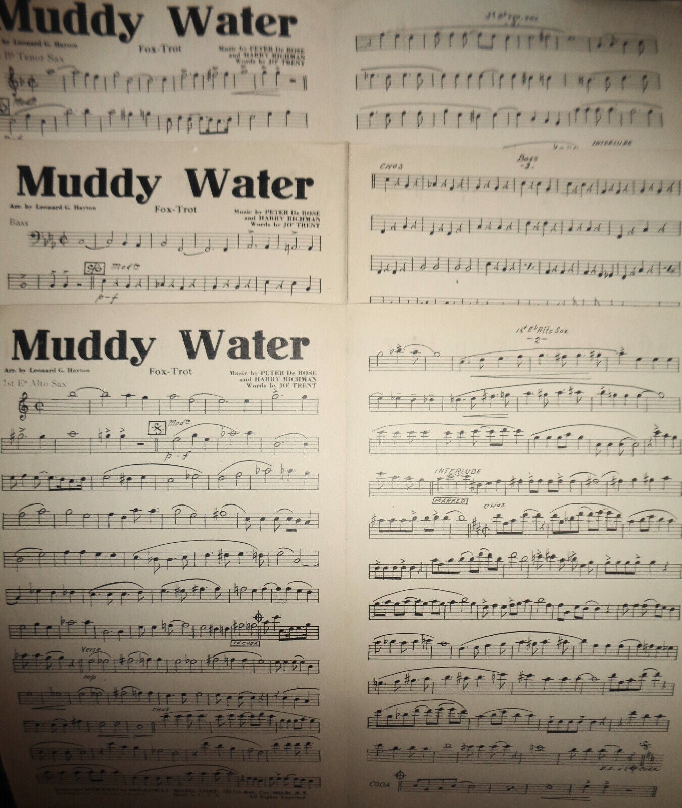 MUDDY WATER - A MISSISSIPPI MOAN, BY PETER DE ROSE, 1926, FOR ORCHESTRA