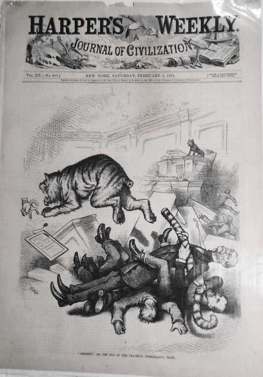 1876 Amnesty; Or, The End of the Peaceful (Democratic) Tiger by Thomas Nast.