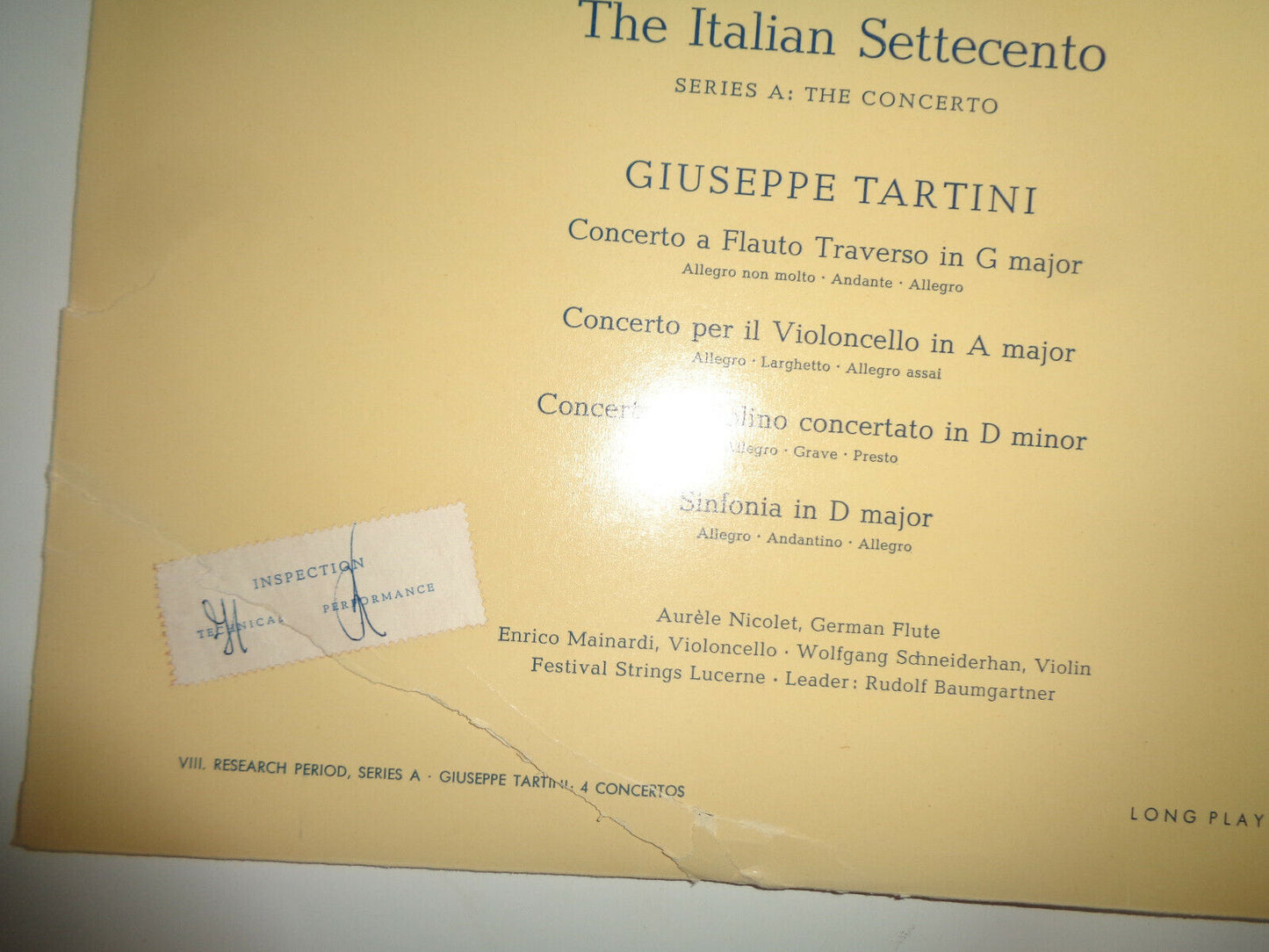 THE ITALIAN SETTECENTO - SERIES A: THE CONCERTO - GIUSEPPE TARTINI - LP ARC 3117