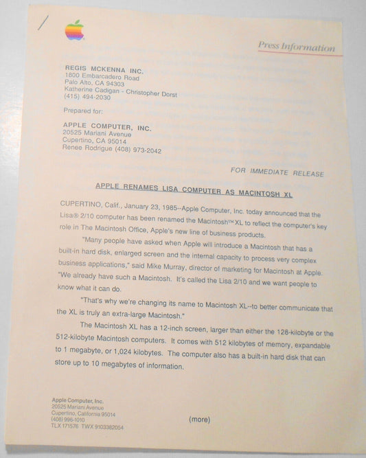 Apple ends Lisa computer - original corporate press release, January 23, 1985.