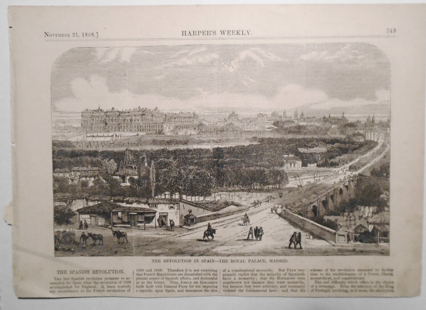 The Revolution In Spain, the Royal Palace Madrid - Harper's Weekly 1868 original