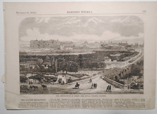 The Revolution In Spain, the Royal Palace Madrid - Harper's Weekly 1868 original