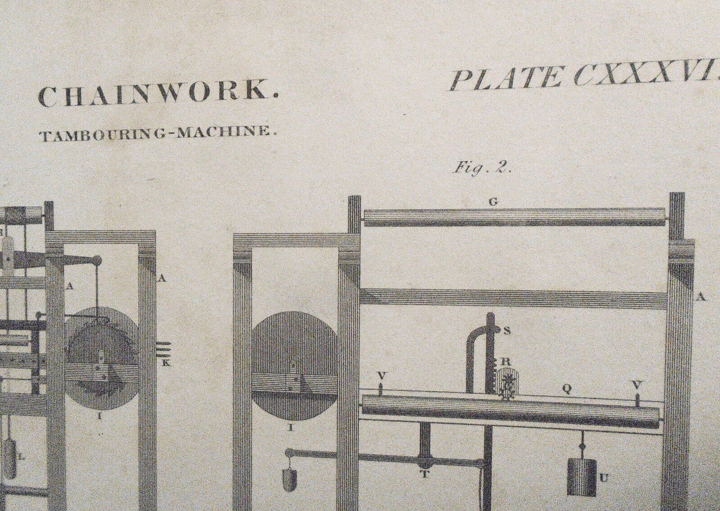 1832 CHAINWORK Tambouring-Machine, by John Thackara.  Original antique print