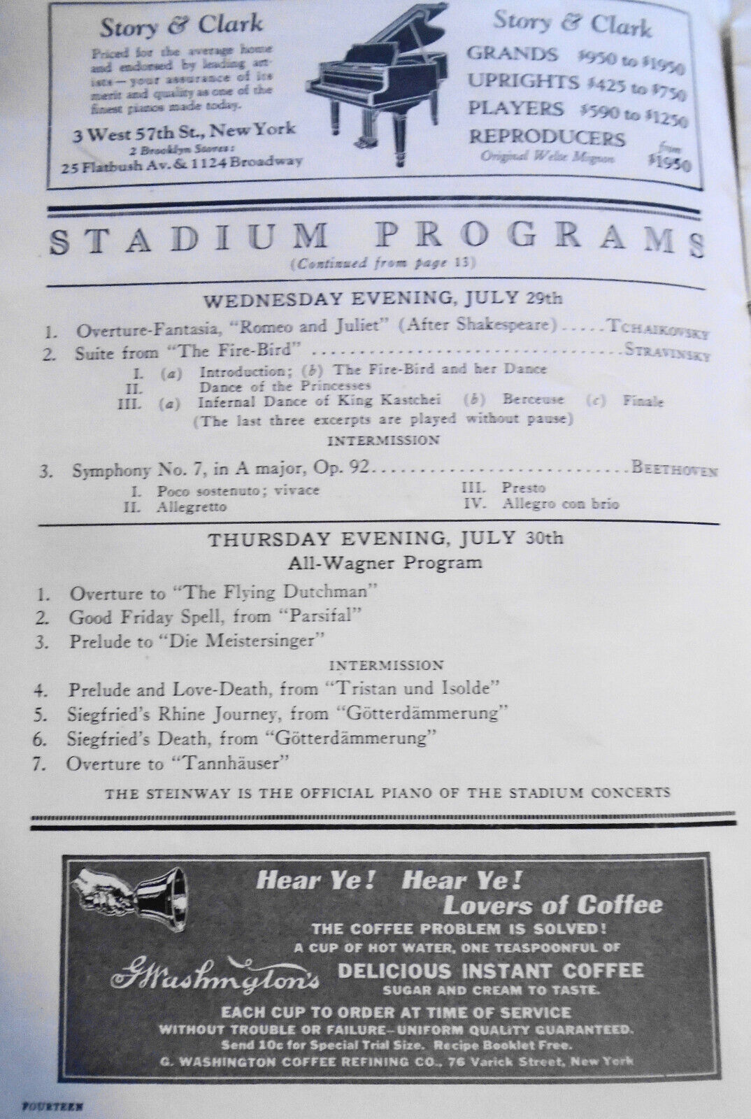 Stadium Concerts - New York Philharmonic, 1925 Program. Nikolai Sokoloff