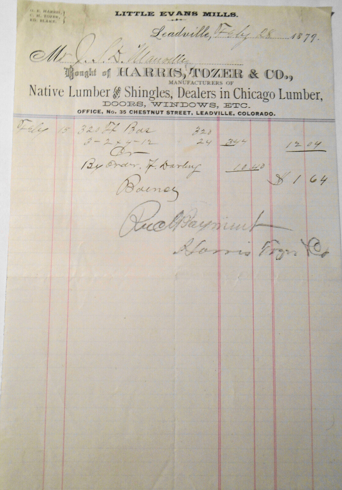 1879 Little Evans Mills billhead receipt Harris, Tozer Co  Lumber. Leadville, CO