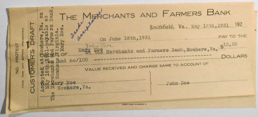 1931 Merchants and Farmers Bank Smithfield VA - 3 Customer's Draft + Demand Note