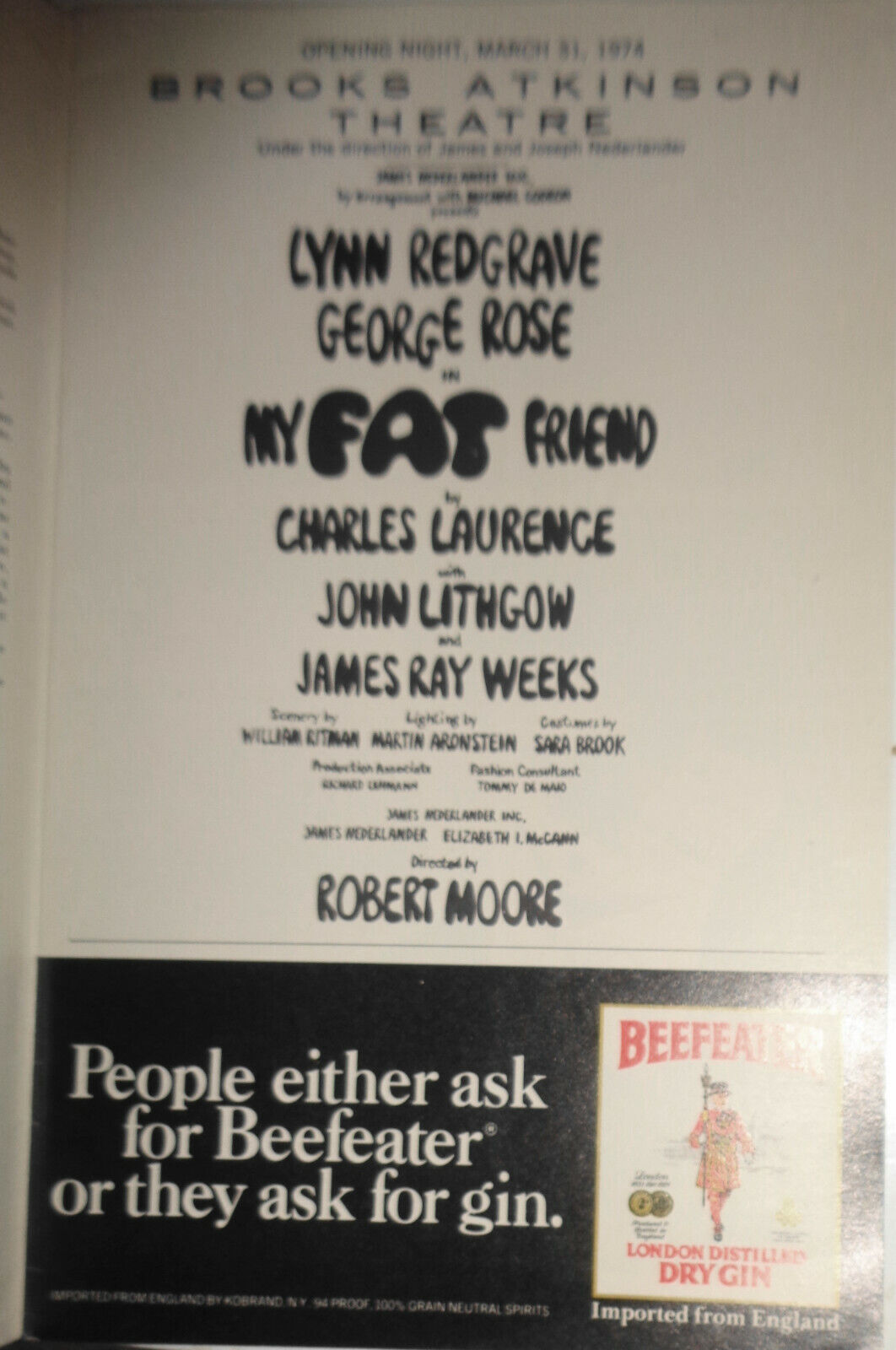 MY FAT FRIEND - PLAYBILL - OPENING NIGHT, MARCH 31, 1974. LYNN REDGRAVE
