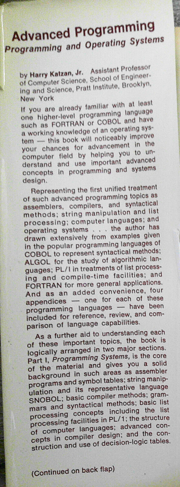 Advanced Programming: Programming and Operating Systems by Harry Katzan Jr HC/DJ