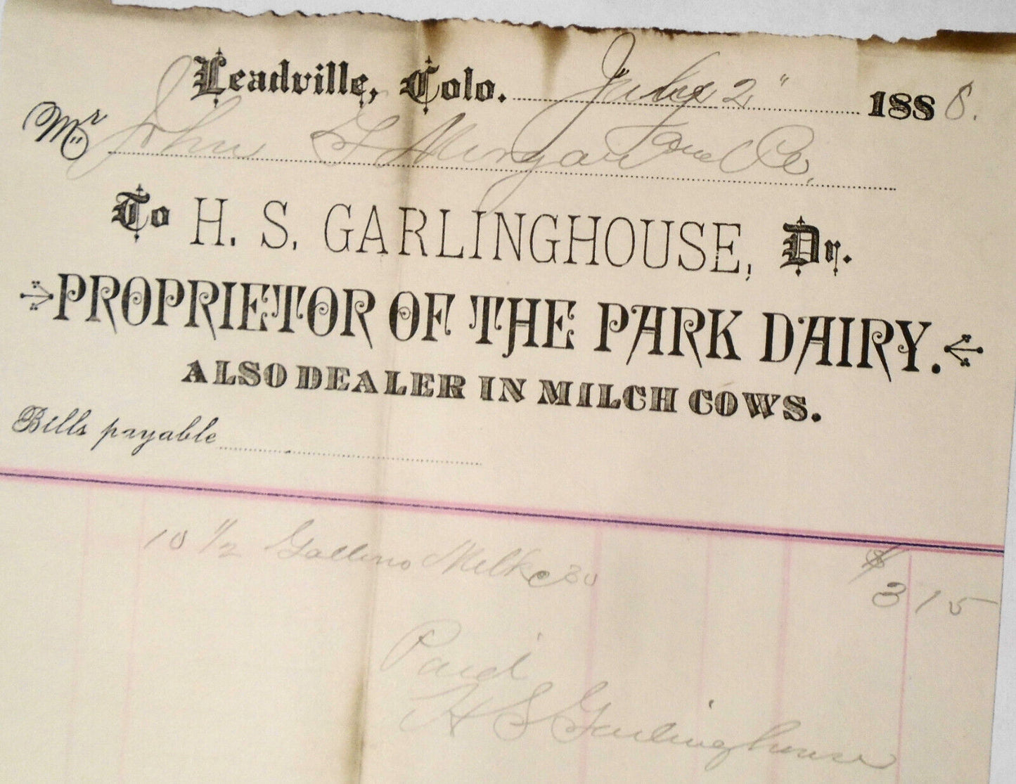 1888 H S Garlinghouse, Park Dairy, Billhead receipt for milk. Leadville Colorado