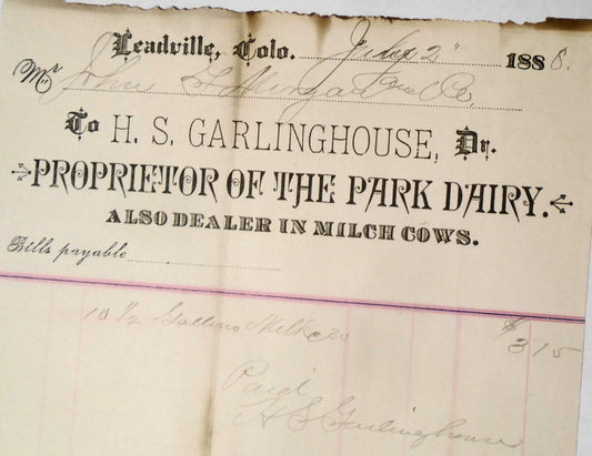 1888 H S Garlinghouse, Park Dairy, Billhead receipt for milk. Leadville Colorado