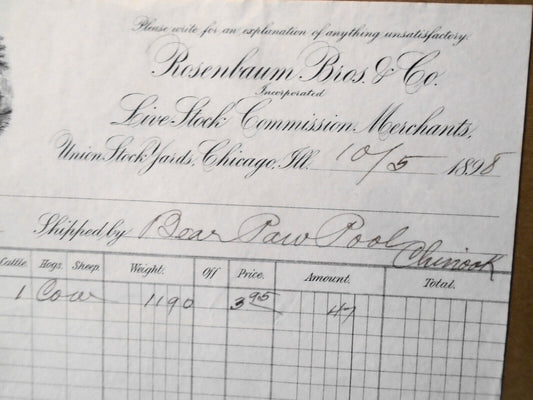 1898 Rosenbaum Bros. & Co. Live Stock Merchants, Chicago, IL - Receipt for a Cow