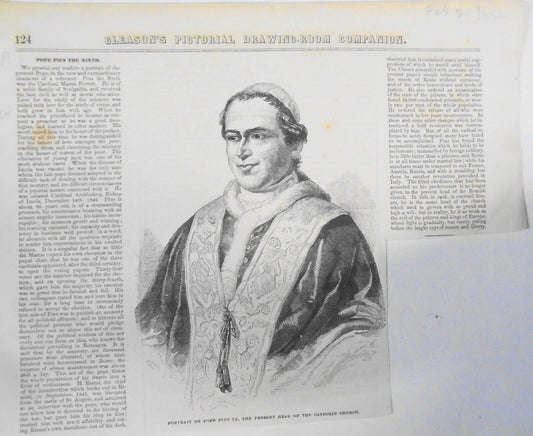 Portrait Of Pope Pius IX  - Gleason's Pictorial original, February 21, 1852