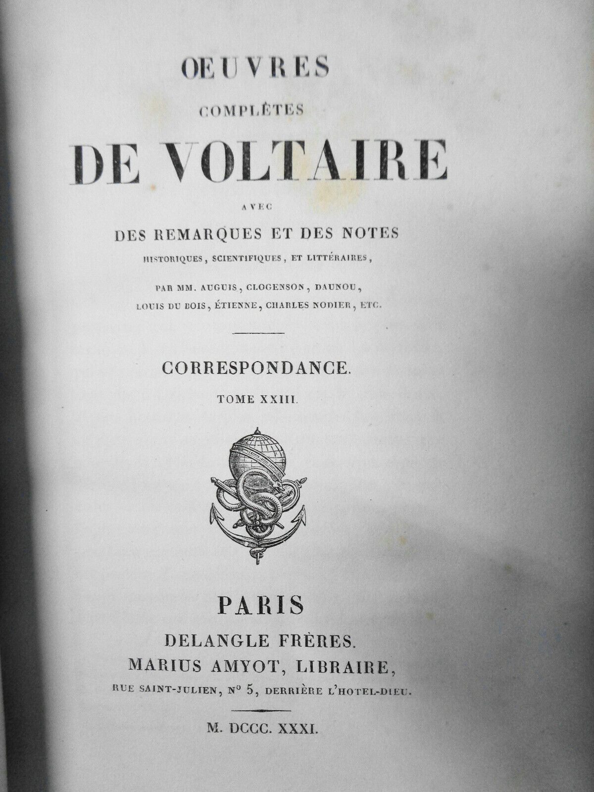 1831 - OEUVRES COMPLETES DE VOLTAIRE. TOME XC - CORRESPONDANCE TOME XXIII