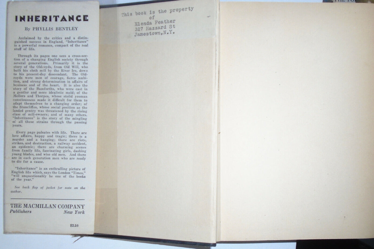 Inheritance, by Phyllis Bentley. 1932. Hardcover/DJ