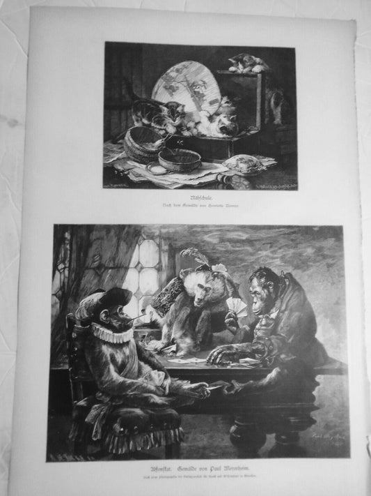 Nahschule by  Henriette Ronner and Affenstkat by Paul Meyerheim -- 1884 original