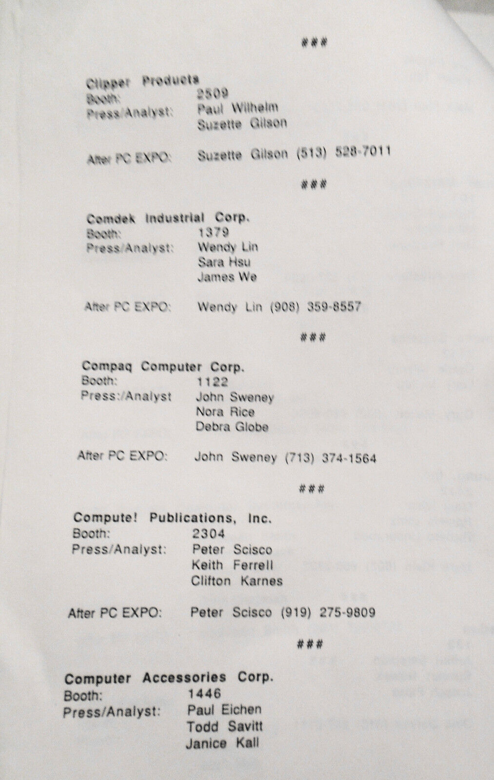 PC EXPO in New York 1990 Press/Analysts contact sheet