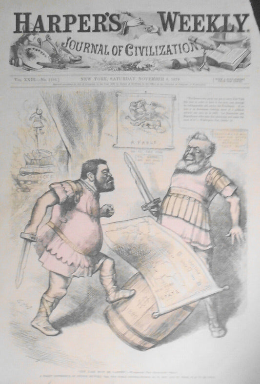 New York must be carried, by Thomas Nast - Harper's Weekly 1879. Hand-colored.