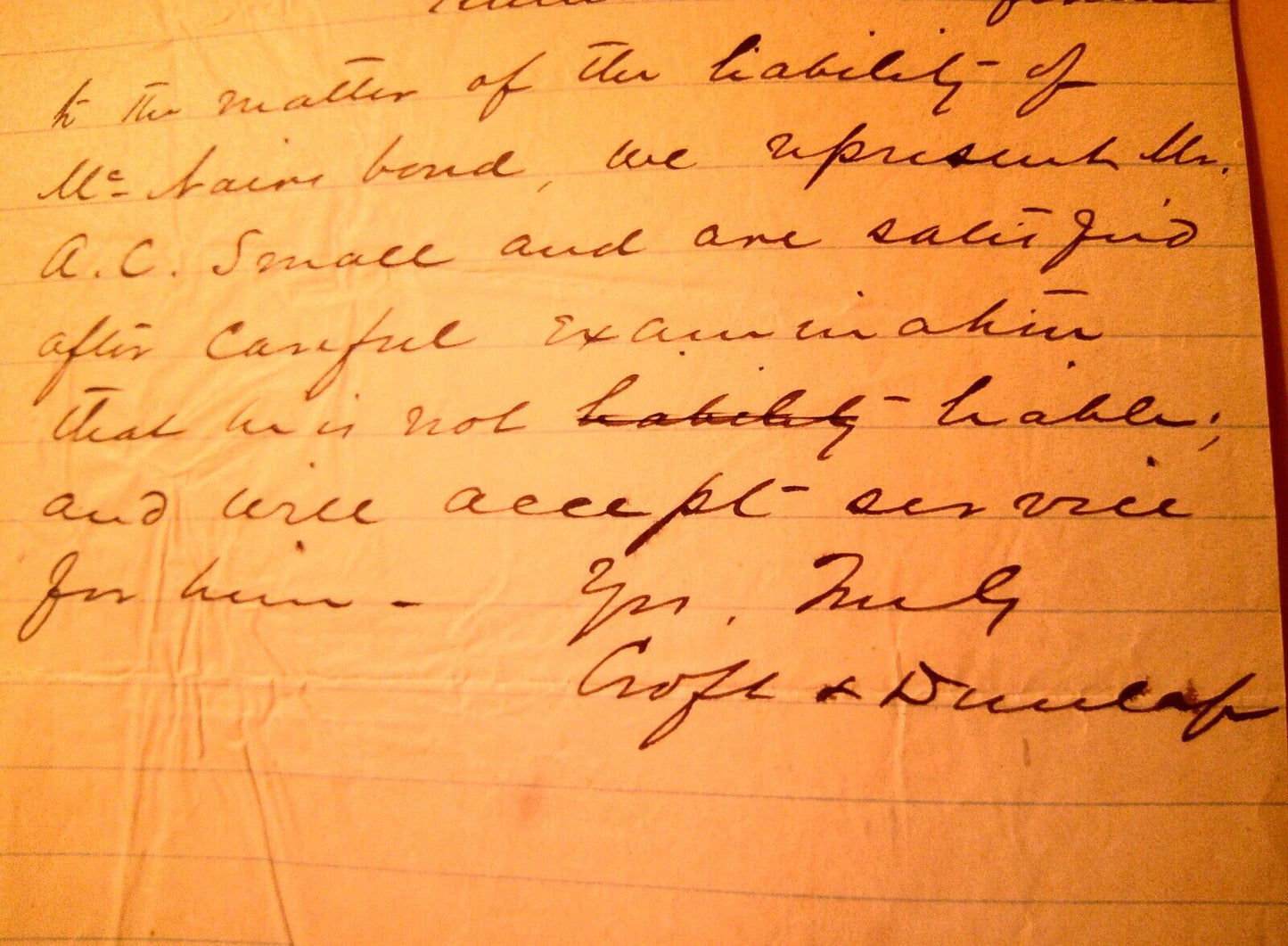 1885 Law Office of Croft & Dunlap, Aiken, South Carolina - Letter on Note paper