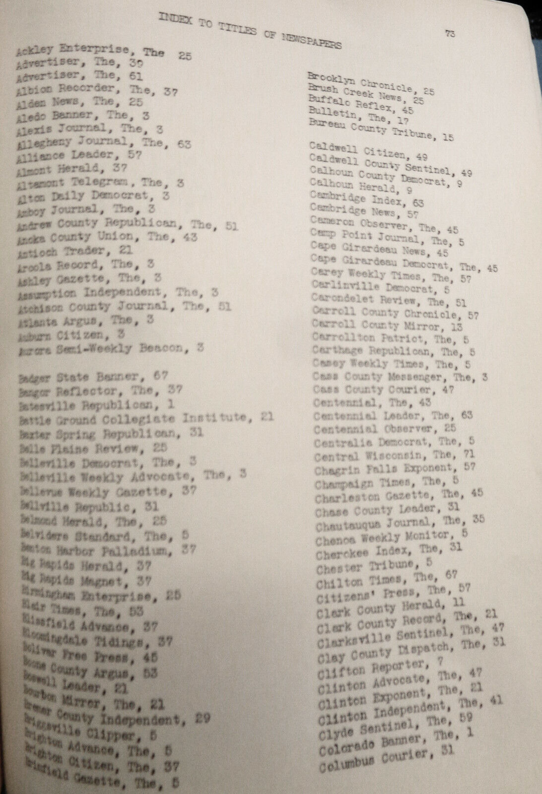 1939 WPA Check list of Kellogg collection of "Patent inside" newspapers of 1876