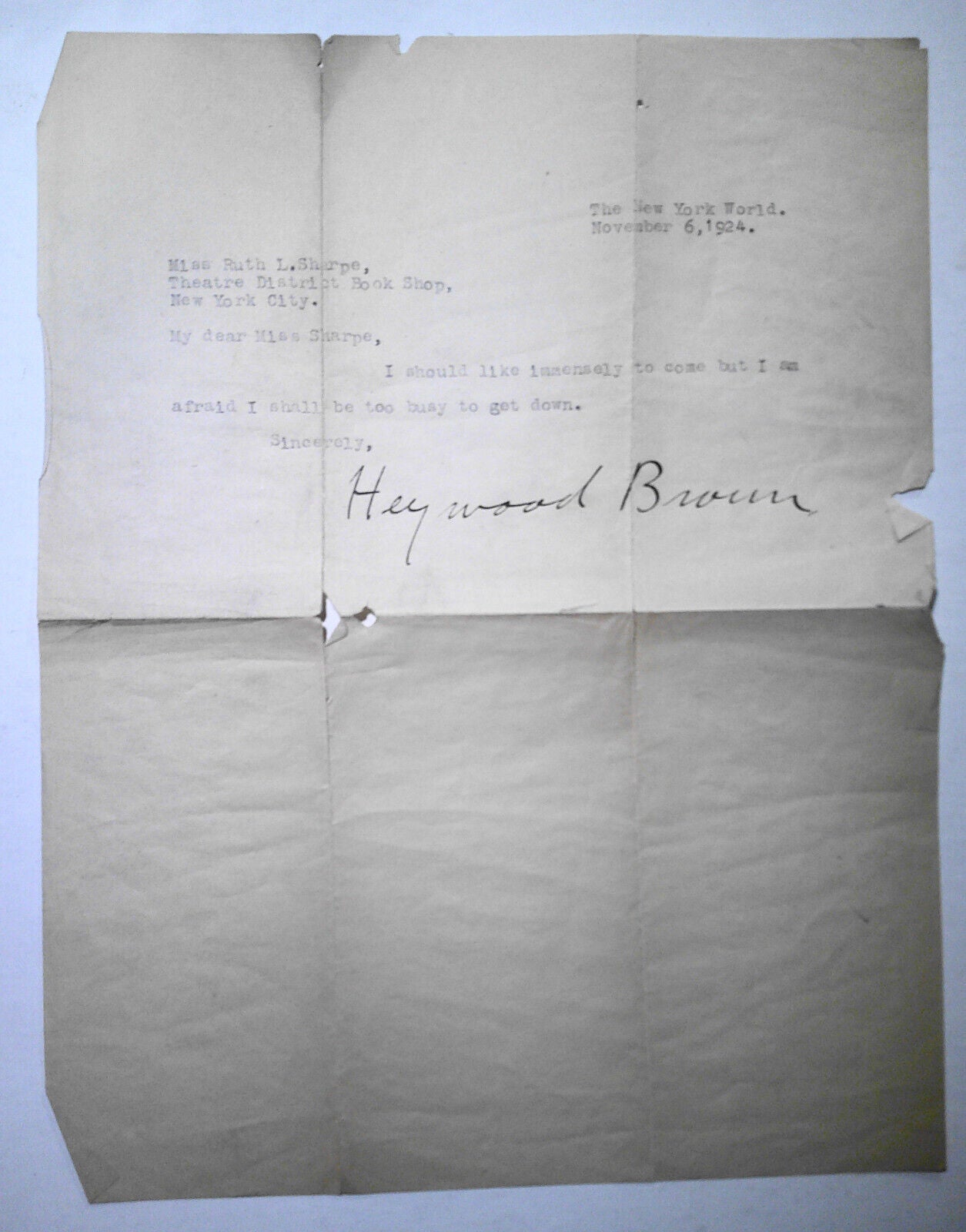 Heywood Broun, journalist SIGNED letter, 1924. Addressed from The New York World