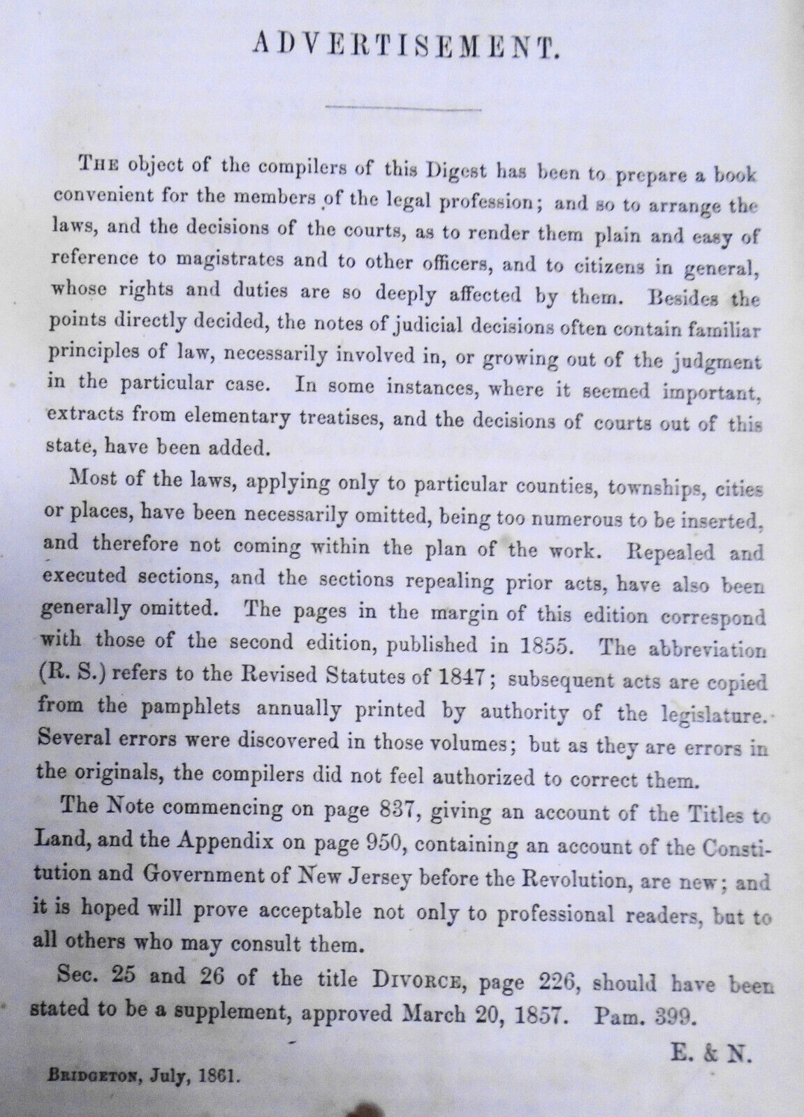 1861 A digest of the laws of New Jersey, by Lucius Q. C. Elmer, John T. Nixon