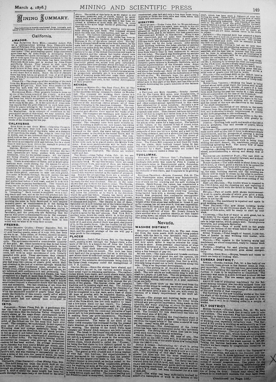 Mining and Scientific Press, March 4, 1876. Bonanza Mines; Bigelow Engine; etc