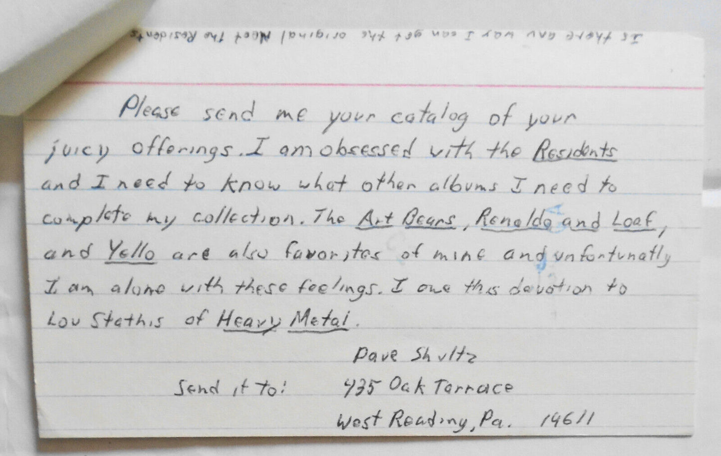 Hardy Fox SIGNED note, 1980s - Residents band co-founder. "The Godfather Of Odd"