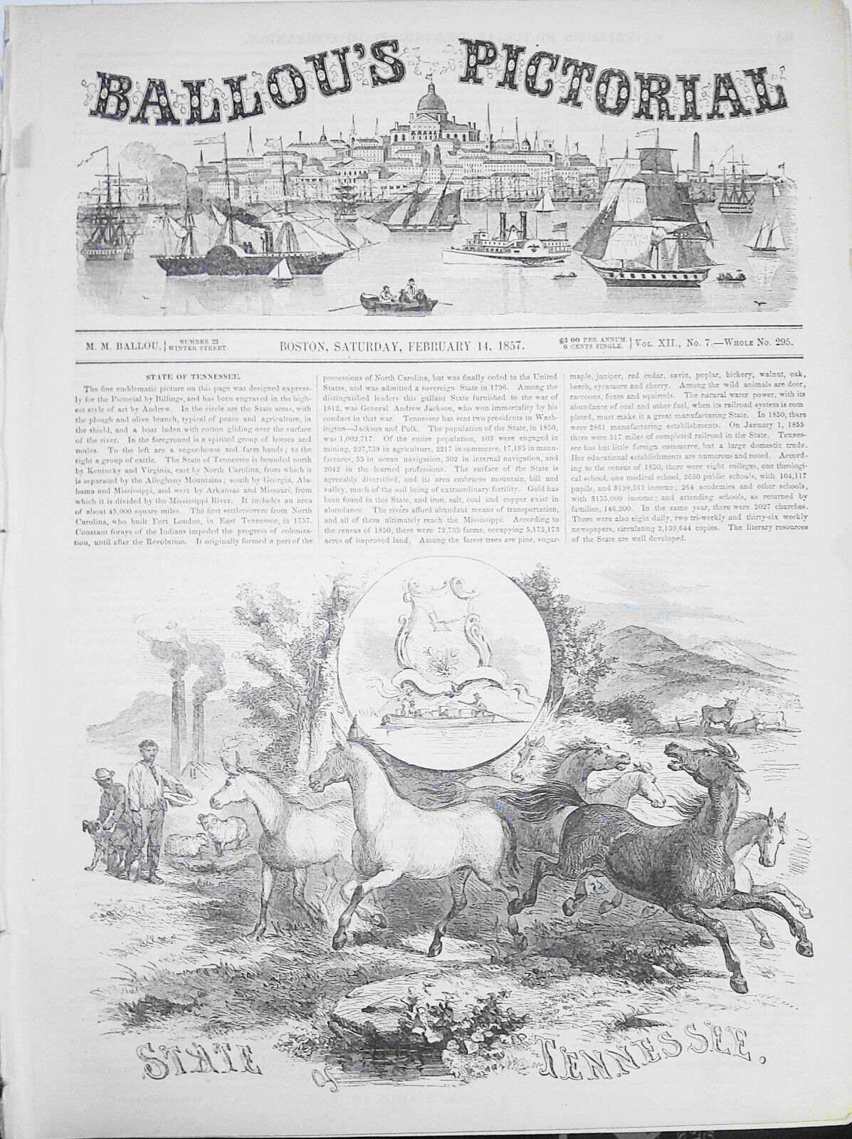 Ballou's Pictorial, February 14, 1857. Rare and Curious Birds; Tennessee; etc