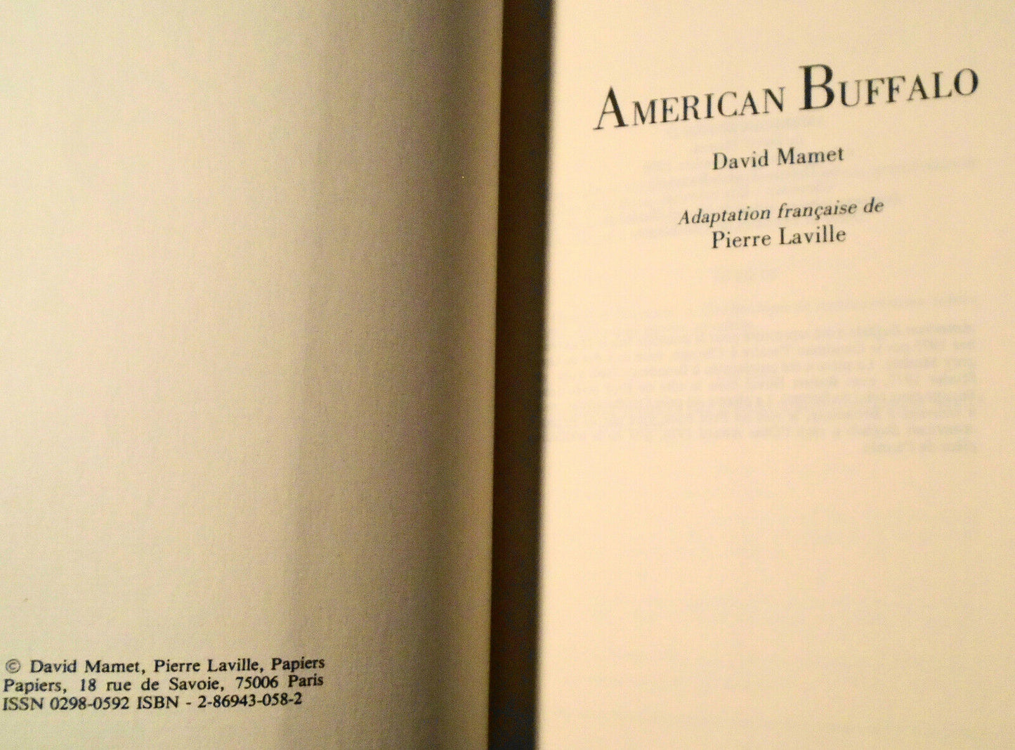 American Buffalo, by David Mamet  / Adaptation francaise de Pierre Laville 1986