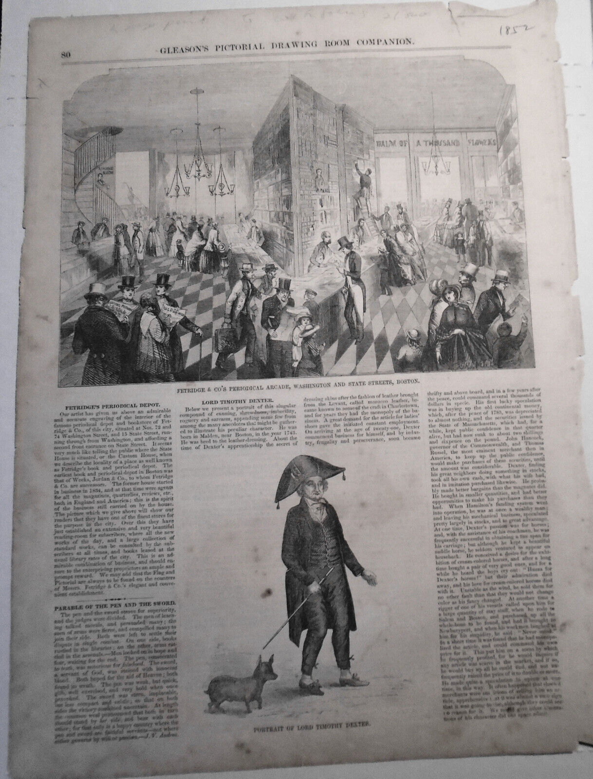 Fetridge & Co. Periodical Arcade, Boston + Lord Timothy Dexter - Gleason's 1850s