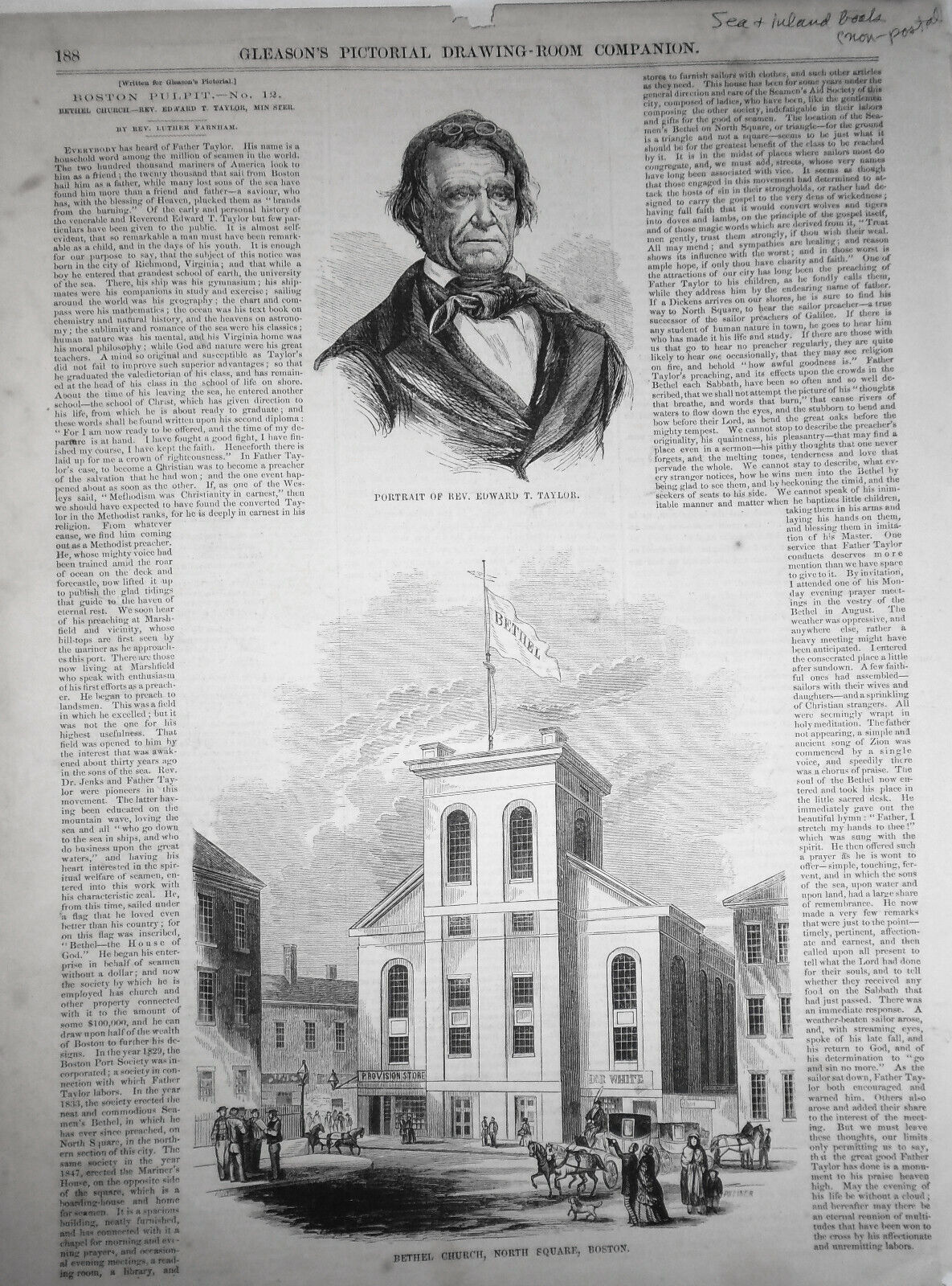 Bethel Church, Boston & Rev. Edward Taylor - Gleason's 1850s  Story & 2 Prints